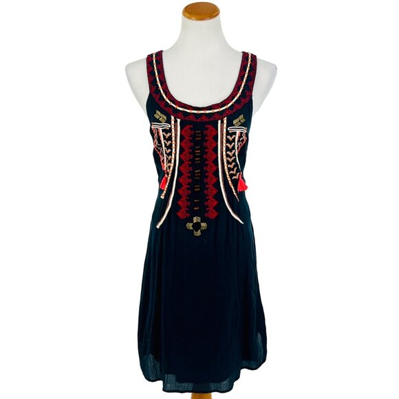 VINTAGE Free People Black Boho Embroidered Dress • Tassel Cutout Back Y2K Hippie - Picture 14 of 16